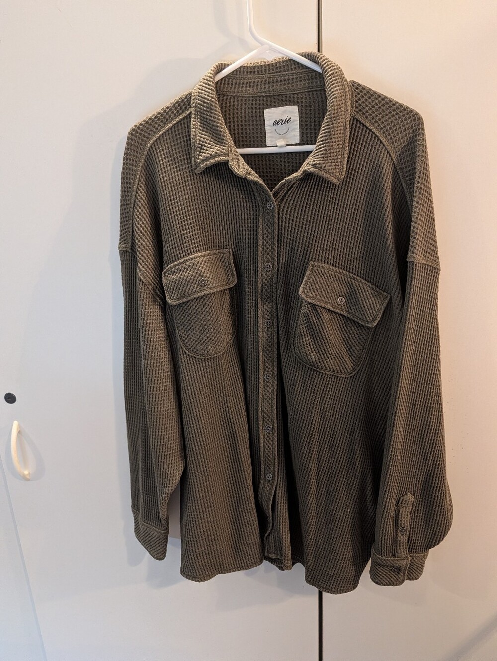 Aerie Woman's Large Oversized LumberJane Green Waffle-Knit Button Shirt Jacket
